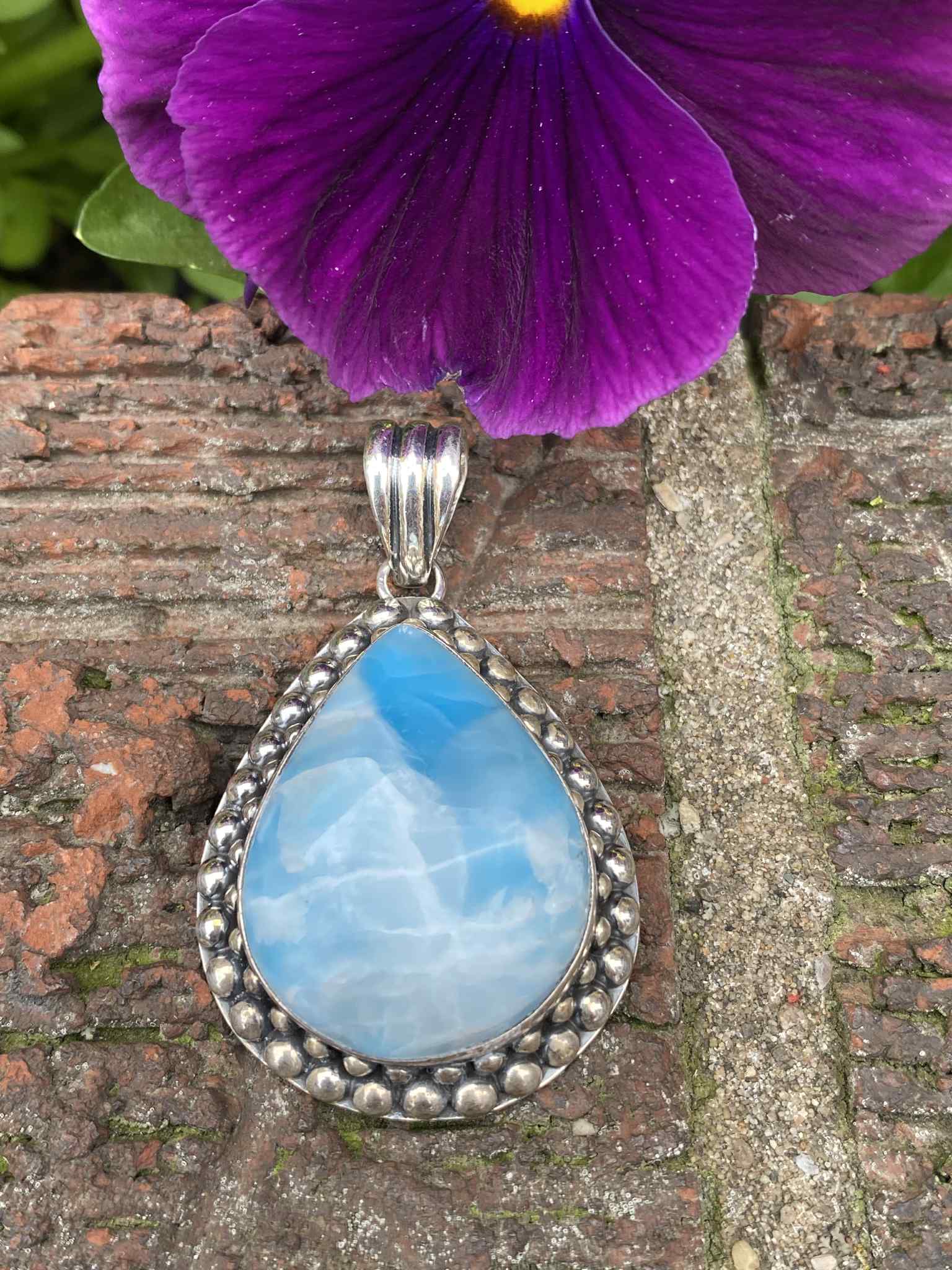 Larimar Teardrop Pendant set in a Beaded Sterling Silver Setting