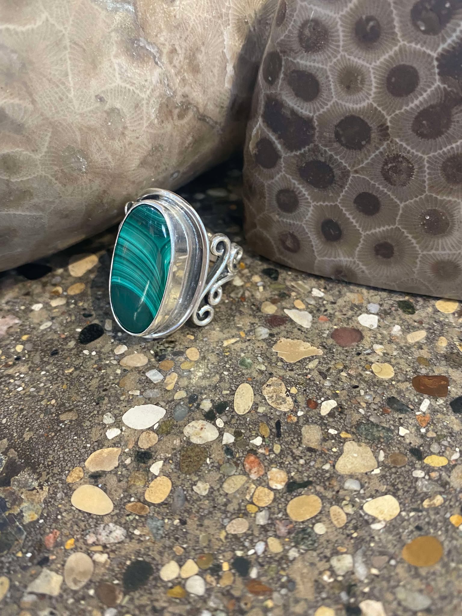 Malachite Oval Flower and Scroll Ring