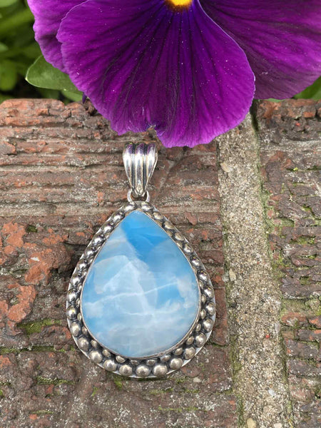 Larimar Teardrop Pendant set in a Beaded Sterling Silver Setting