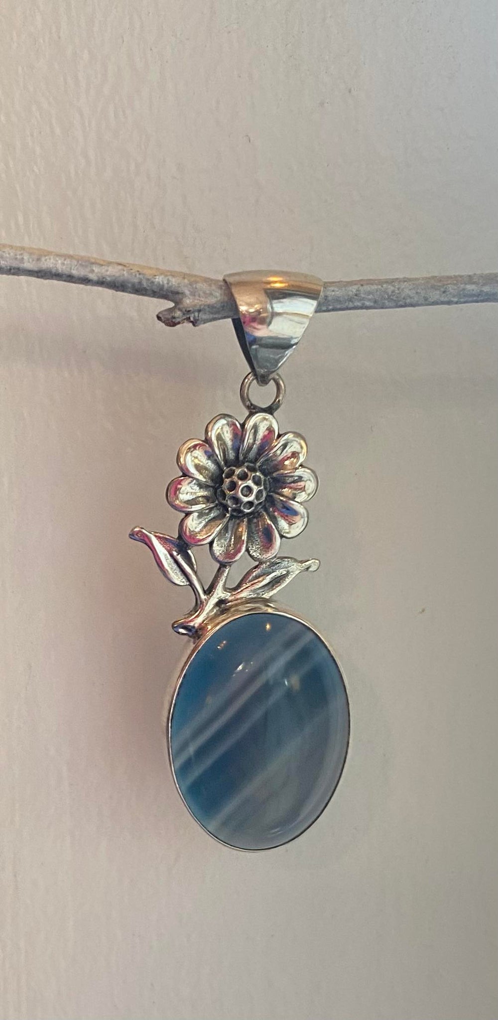 Blue Chalcedony Pendant with Flower Detail