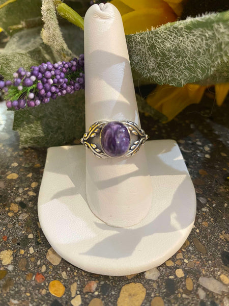 Charoite Oval Ring with Leaf Detail