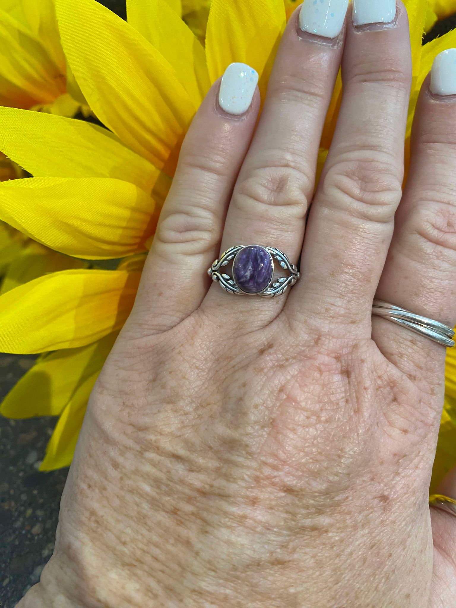 Charoite Oval Ring with Leaf Detail