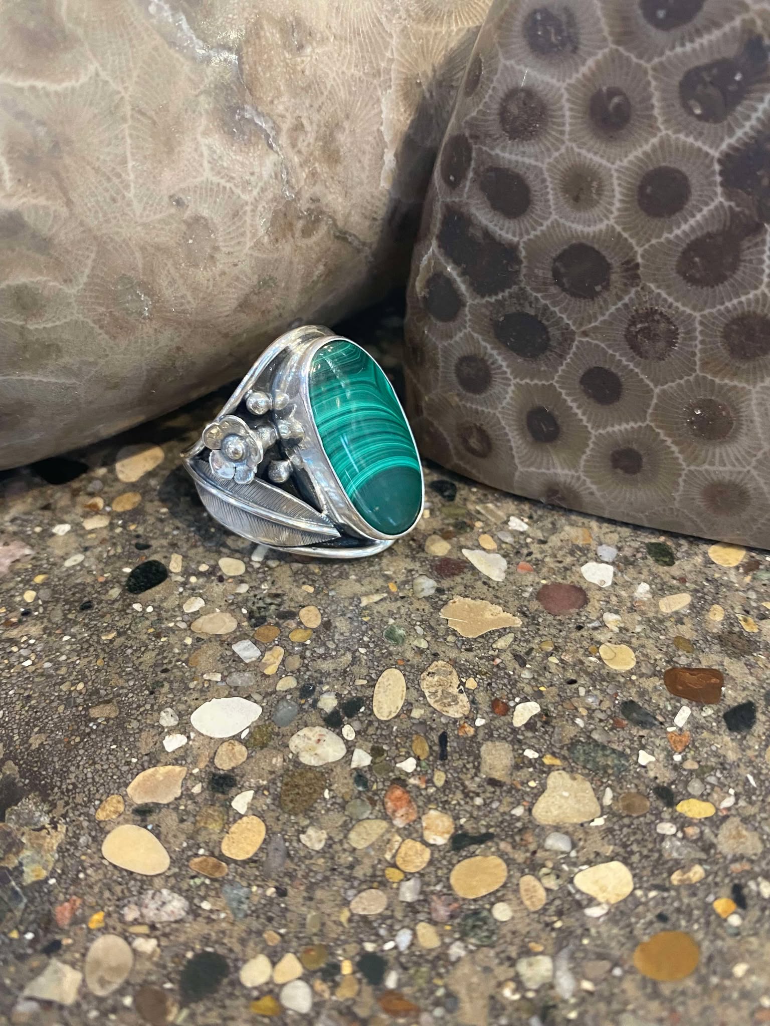 Malachite Oval Flower and Scroll Ring