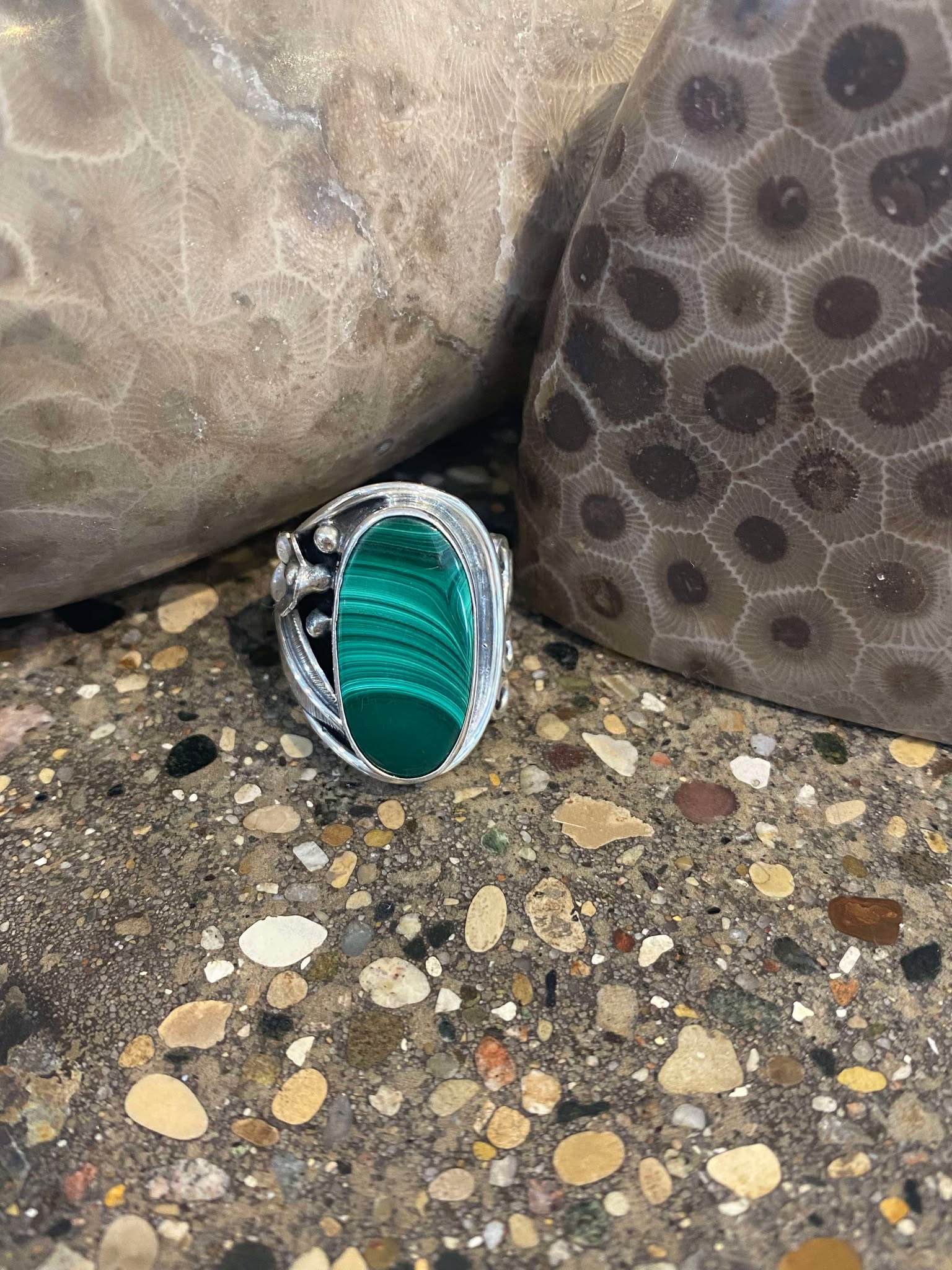 Malachite Oval Flower and Scroll Ring