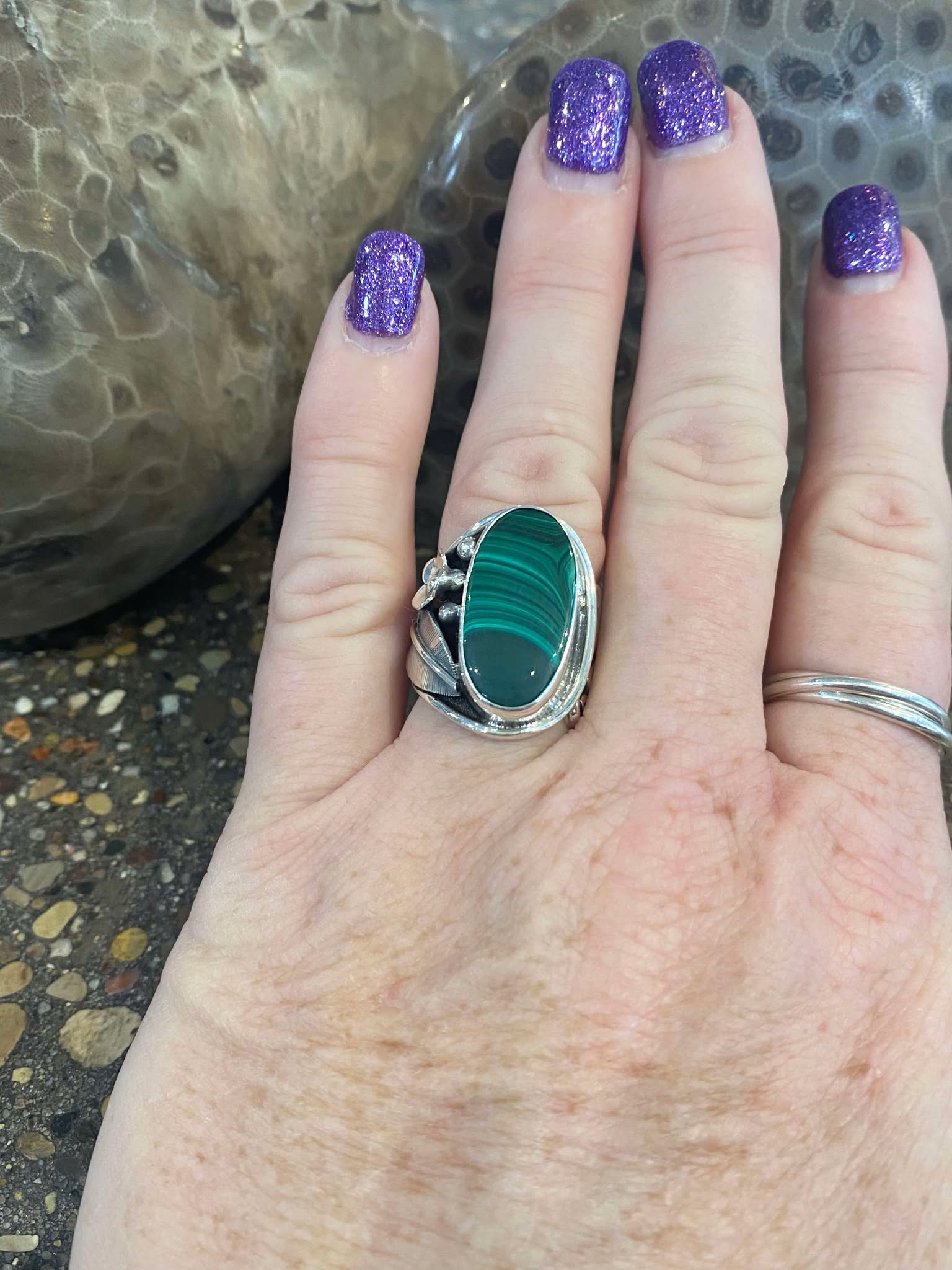 Malachite Oval Flower and Scroll Ring